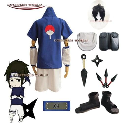 Hot Anime Athemis Ninja Uchiha Sasuke Cosplay Costume and blue headband weapon Set For Men Women Halloween Clothing Cosplay Wig