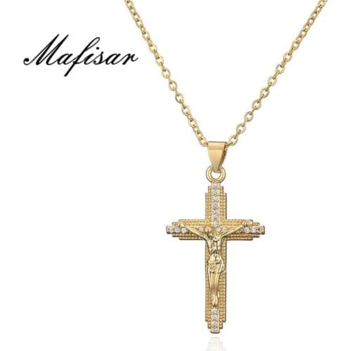 Mafisar 2021 New Fashion Gold Color Jesus Cross Pendant Necklace For Women Men Classic CZ Christian Jewelry Dropshipping