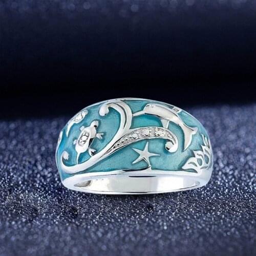 Milangirl Trendy Womens Ring Luxury Ladies Creative Ocean Creature Underwater Animal Dolphin Tortoise Starfish Seaweed Jewelry
