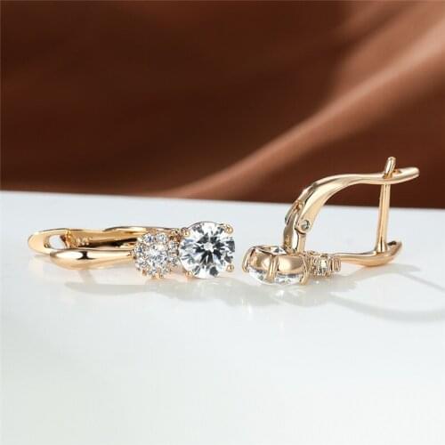 Trendy White Zircon Round Stone Earrings Rose Gold Color Small Earrings Luxury Crystal Flower Hoop Earrings For Women Party Gift