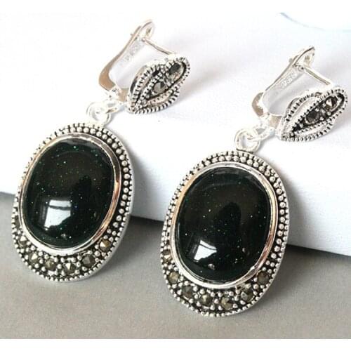 Fashion 925 Silver Natural jade Sand Stone Marcasite Earrings 11/2" REAL Natural