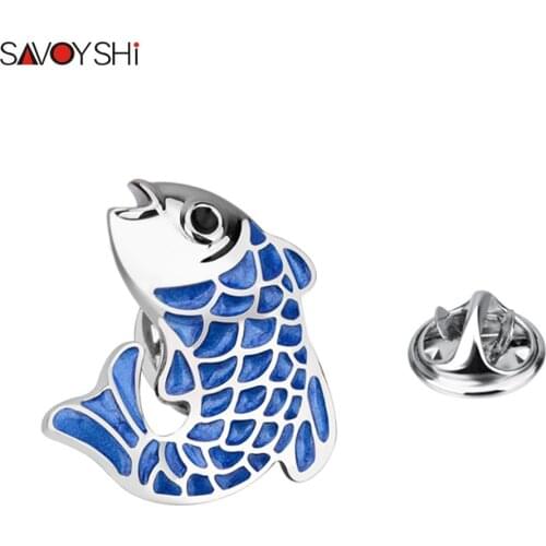 SAVOYSHI Blue Enamel Carp Shape Man Lapel Pin Brooches Pins Fine Gift for Mens Collar pin Engagement Wedding Jewelry