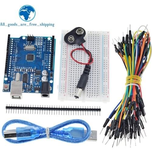 TZT Starter Kit for arduino Uno R3 - Bundle of 5 Items: Uno R3, Breadboard, Jumper Wires, USB Cable and 9V Battery Connector
