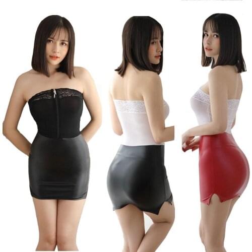 Sexy Woman Sheer Opaque Strapless Lace Top Bandeau Top and Wet Look Bottom Bodycon Mini Dress Night Club Bodysuit Clubwear