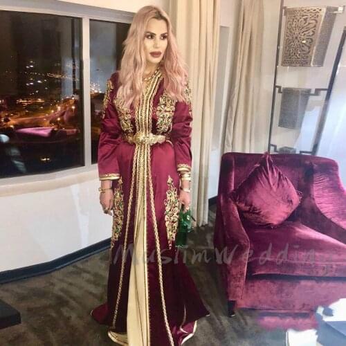 Burgundy Dubai Evening Dresses Moroccan Kaftan Long Sleeve Crystal Prom Dresses 2020 Silk Satin Formal Evening Party Gowns Cheap