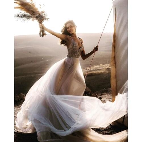 Beaded Spaghetti Strap A Line Wedding Dresses Beading Crystal Tulle Bridal Forma lGown for Wedding Party vestidos de novia 2021