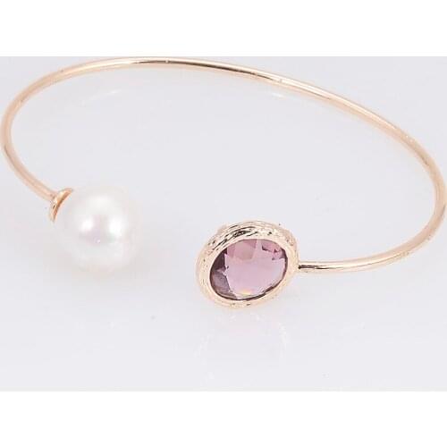 Miasol Newest Flexible Golden Plated Bangle With Round Crystal And Pearl Bangle For Women Gift B1508