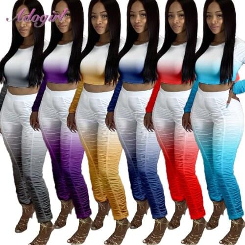 Fitness Gradient Print Wome Two Piece Set Pleated Long Sleeve Crop Tops Stacked Joggers Pants Suit Outfit Sportswear Tracksuit