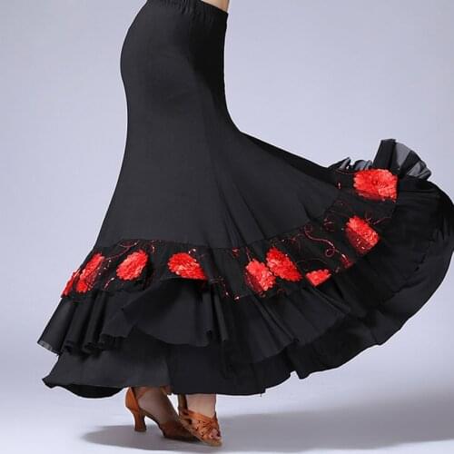 Women Flamenco Ballroom Practice Dress Spanish Fancy Belly Dance Wear Sequin Flower Embroidery Ruffle Big Wing Gypsy Stage Skirt