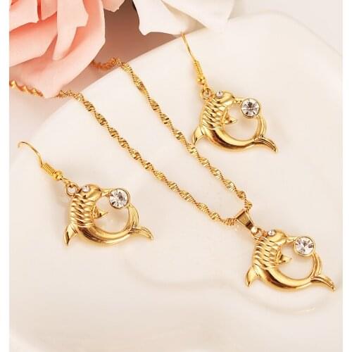 Gold crystal cz round Cute Dolphin Pendant Necklaces pendant Earrings for Women/Girls,Papua New Guinea Jewelry Party Gifts