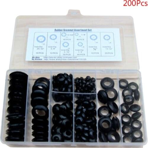 200Pcs/box Rubber Grommet Gasket Kits for Wire Cable Black Assortment Set Electrical Wire Gasket Tools A5YD