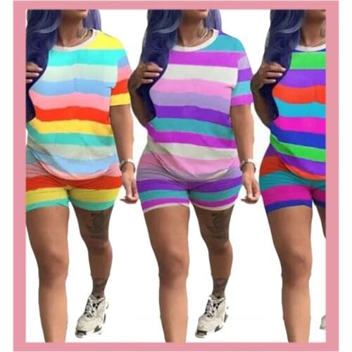 2020 Summer Womens Tracksuit Casual Printe Rainbow Stripped T Shirts Shorts Overall Plus Size 2 piece set Sportswear Clothes