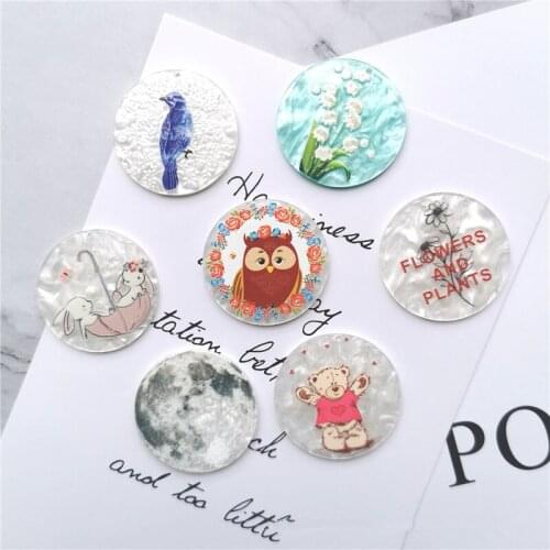 Newest 40pcs/lot 38mm cartoon animals pattern print geometry rounds shape acrylic beads diy jewelry earring/garment accessory