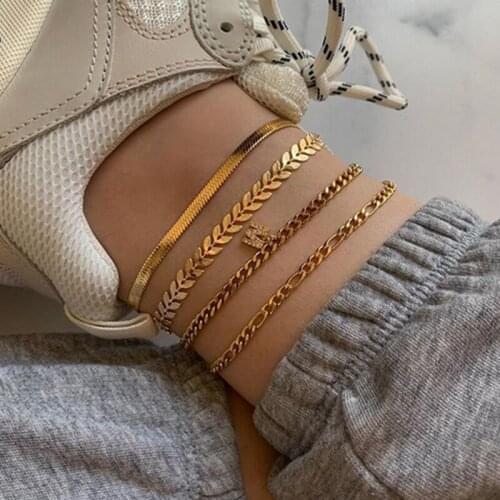 Rhinestone Letter Charm Set Anklets for Women Gold Color Ankle Chains Female 2021 Summer Beach Foot Jewelry Layered Girls Gift