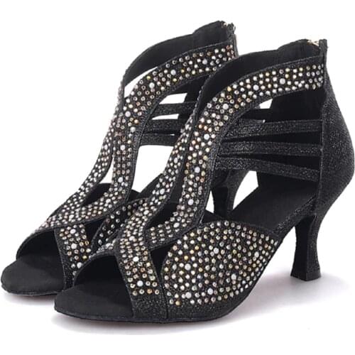 Glitter Ballroom Dance Boots Women`s Latin Salsa Tango Performance Dancing Shoes with Back Zipper easy to Take On and Off ALS044