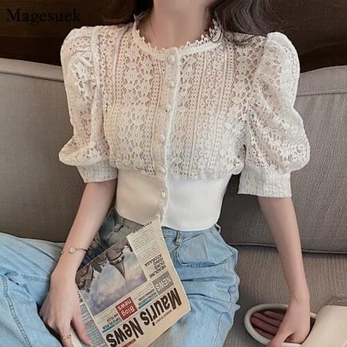 Korean Hollow Out Lace White Women Shirt Short Sleeve Button Loose Summer Shirts Blouse Women 2021 New Solid Female Tops 13607