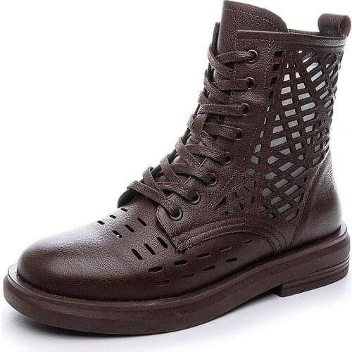 New High-top Womens Sandals Summer Sports Genuine Leather Platform Womens Shoes Fashion Black Lace Casual Soft Leather Boots