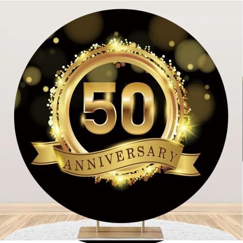 Laeacco 50th Anniversary Party Decor Round Circle Backgrounds For Photography Gold Shiny Dots Poster Personalized Photo Backdrop