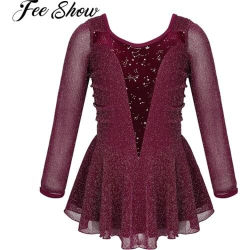 Kids Girls Shiny Stretchy Glitters Velvet Splice Ice Skating Roller Figure Skating Dress Ballet Dance Contemporary Leotard Dress