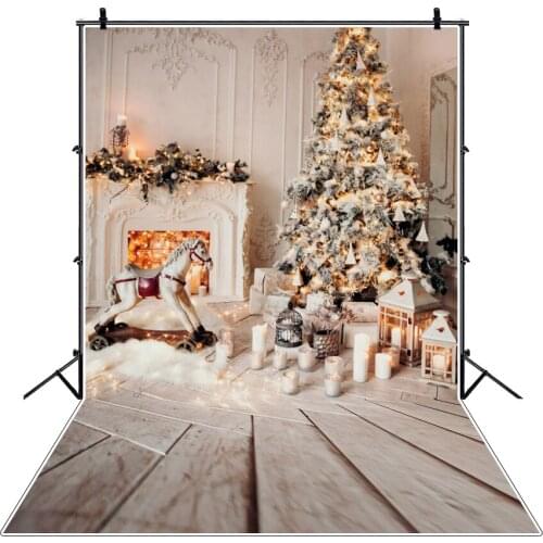 Christmas Photo Backdrop Candle Wall Fireplace Wood Floor Background Christmas Tree Toy Gift Baby Party Photography Background