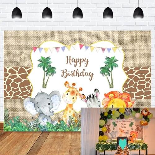 Jungle Animals Happy Birthday Backdrop for Photography Elephant Lion Photo Background Child Birthday Party Background Photocall
