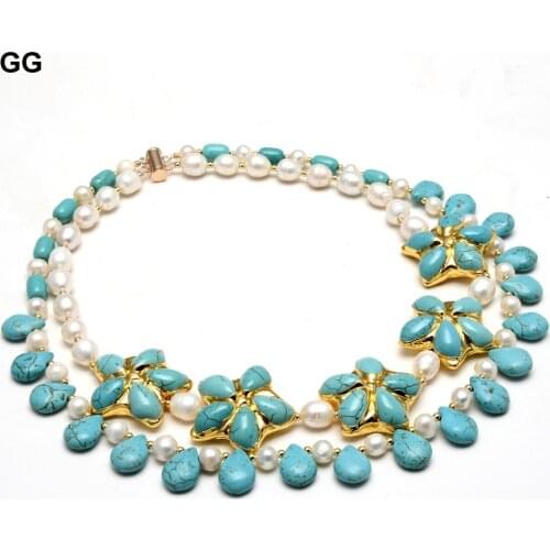 GG Jewelry 2 Strands Natural Cultured White Rice Pearl Blue Turquoises Flower Necklace Handmade For Women