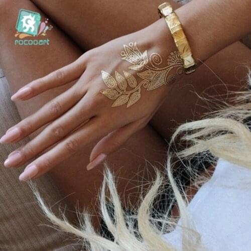 Indian Arabic Designs Flash Metallic Waterproof Temporary Tattoos Gold Silver TatooPaste Fake Tatoo Sticker Girls On Body Hand