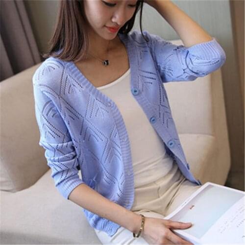 Korean Style 2019 new womens Korean long sleeved knit cardigan collar hollow V simple air conditioning shirt female coat PZ1619