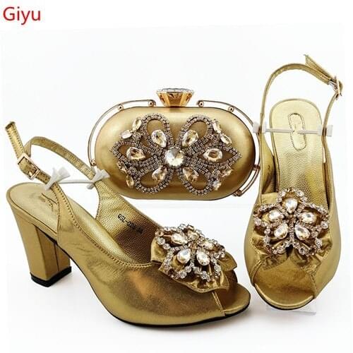 Doershow beautiful Italian matching gold shoe and bag set african wedding shoe and bag sets! HIA1-37