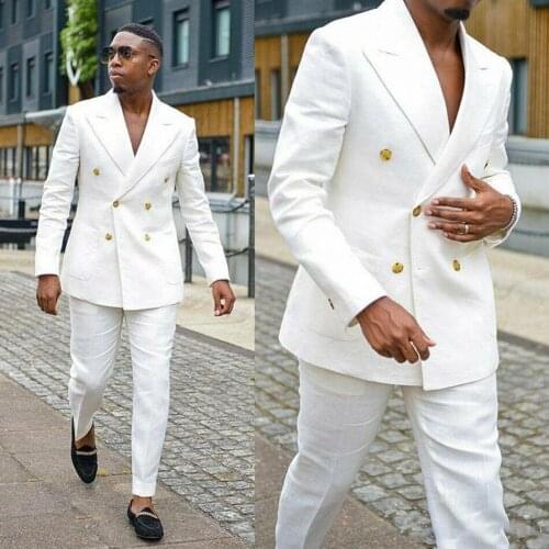 Handsome Mens Formal White Linen Suits Groom Wear Double Breasted Party Wedding Peaked Lapel Tuxedos(Jacket+Pants)