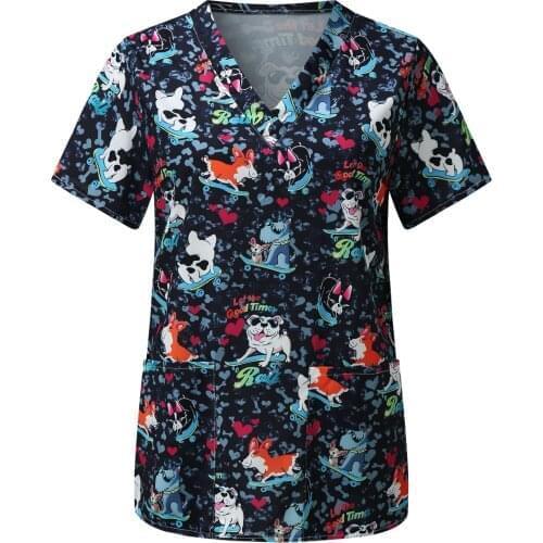 Funny Dog Print Cool Scrub Tops Women Vet Nurse Uniform Summer Short Sleeve Blouse Pet Groming Veterinaria Working Clothes