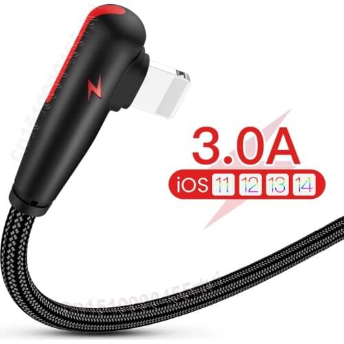 L-shape Nylon USB Cable For iPhone 12 11 Pro XS Max XR X 8 7 6 6S 5S se 3A Fast Charger 90 Degree USB Wire Cord Phone Cable