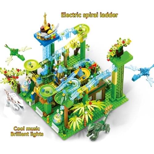 Marble Race Run with Light Electric Spiral Ladder Maze Ball Building Blocks Jurassic Dinosaur Park Jungle World Toys For Kids