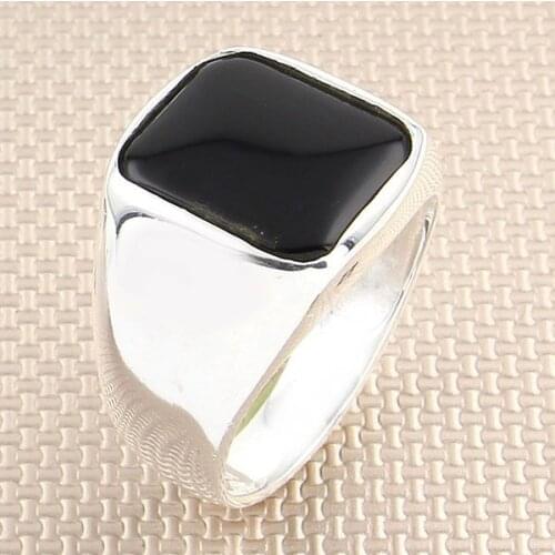 Plain Square Black Onyx Stone Men Silver Ring Made in Turkey Solid 925 Sterling Silver