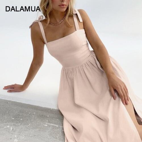Women Midi Dress Spaghetti Strap High Waist Cotton Linen Solid Office Ladies Sleeveless Split Elegant 2021 Summer Female Dresses