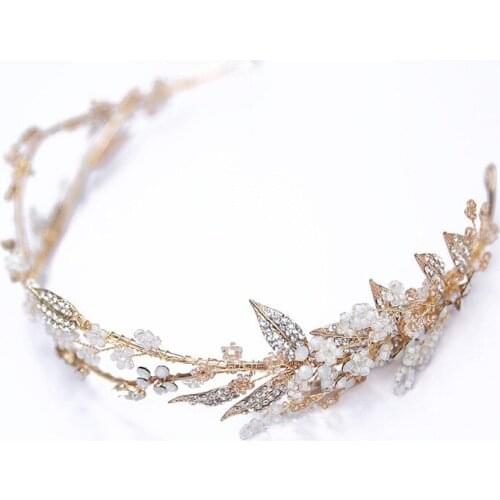 Delicate Hand wired Gold Leaf Crown Wedding Hair Tiara Accessories Floral Women Headpiece Bridal Hairband