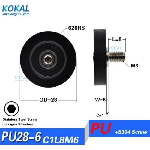 [PU28*6-C1L8M6]10PCS/lot PU coated with 626rs ball bearing S304 stainless screw M6 bearing wheel shaft roller screw 28mm M6