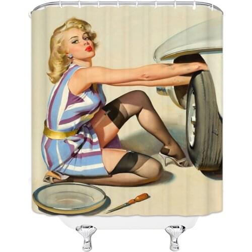 Sexy Woman Printed Shower Curtain Bathroom Curtain Fabric Interesting Waterproof Lace Screen Decoration with Ring