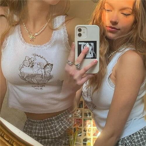2021 Fashion Trend Womens Vest Lace Hem Crop Tops Cartoon Pattern Printed Sleeveless Camisole for Summer Daily Wear