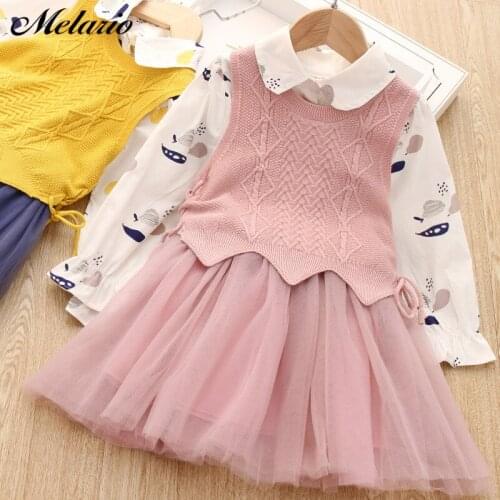 Melario Spring Girls Long Sleeve Dress Ball Gown Knit Vest Dress Print 2 Piece Sets Children Dresses New Spring Kids Costume