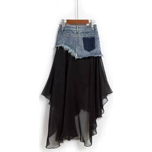 Spring Summer Personality Denim Patchwork Chiffon Asymmetrical Skirts High Waist Single Breasted Office Ladies Mid-Calf Skirts