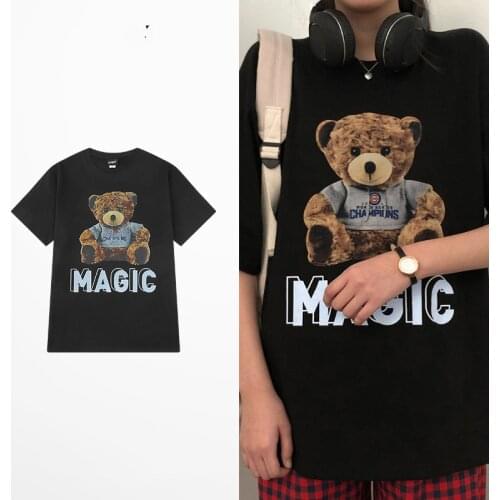 Hip Hop Style Funny Cartloon Bear Magic Print T Shirt High Street Cotton T-shirts Men Retro Korea Style Grey White Tee Shirts