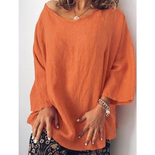 Women Cotton Linen T-shirts Solid Color O-neck Three Quarter Sleeve Casual Tee Tops Plus Size Casual Female T-shirts Pullover