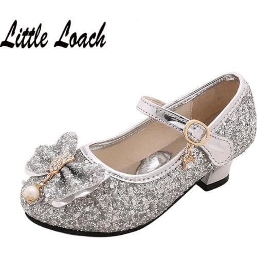 Kids High Heel Leather Shoes Princess Girls Party Stage Dress Shoes Pink White Spring Autumn Shining Sequin Single Shoes 26-36
