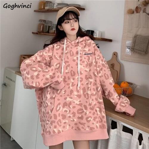 Hoodies Women Thickening Oversize Leopard Pullovers Loose Korean Style Harajuku Fashion Soft Leisure All-match Female Ulzzang