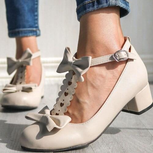 2020 Drop Ship Plus Size 34-39 Customized Square Heels Sweet Lolita Bow Pumps Shoes Women Bow