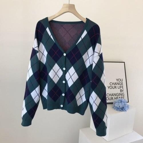 Spring Autumn Vintage Knitted Sweater Women Long Sleeve Cardigan Jacket Female Plaid Jumper Crop Top Korean Fashion Pull Femme
