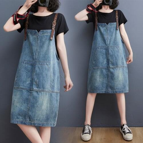2021 Summer New Loose Plus Size Suspender denim Dresses for Women Sleeveless Strap Pocket Casual Knee-length Dress