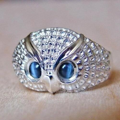 Modyle Cute Owl Women Finger Ring Animal Jewelry Personality Party Accessories Imitation Opal Eyes Simple New Blue Silver Color
