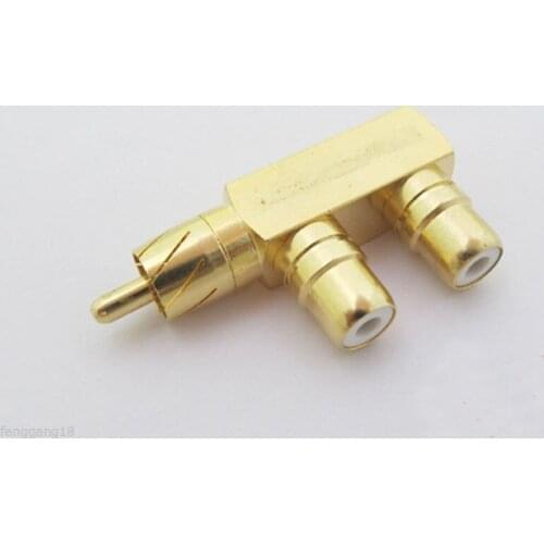 10pcs Gold 1 RCA Male Plug To Dual 2 RCA Female Jack Right Angle F Adapter Connector